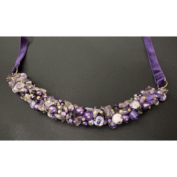 Purple Amethyst Stone & Beaded Cluster Necklace Velvet Ribbon Tie Handcrafted Go - Picture 6 of 8
